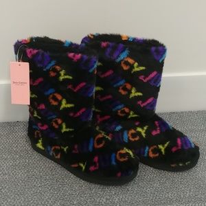 Juicy Couture Black Multicolor Fuzzy Ankle Booties
